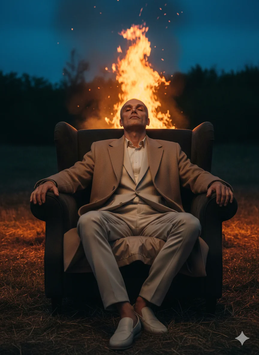 Мужчина в бежевом пальто в кресле на улице