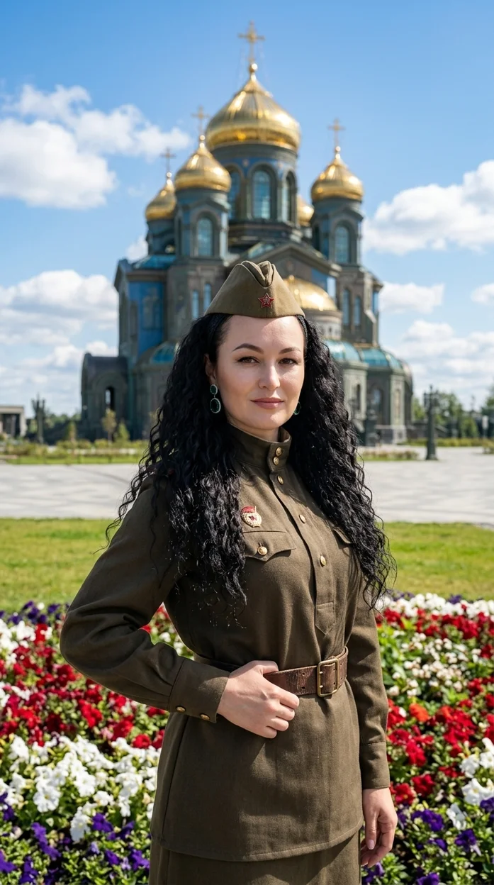 сцена на открытой площади перед православным храмом 9 мая 