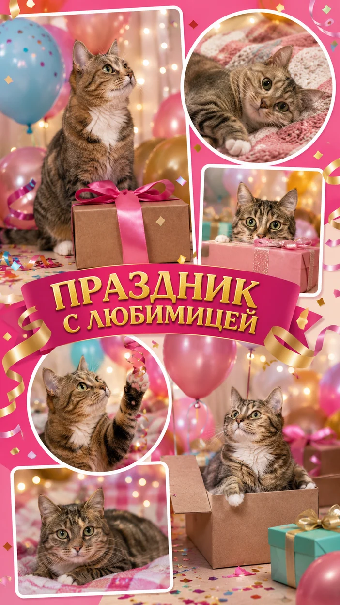 Фотосессия праздничного коллажа с шариками и кошкой