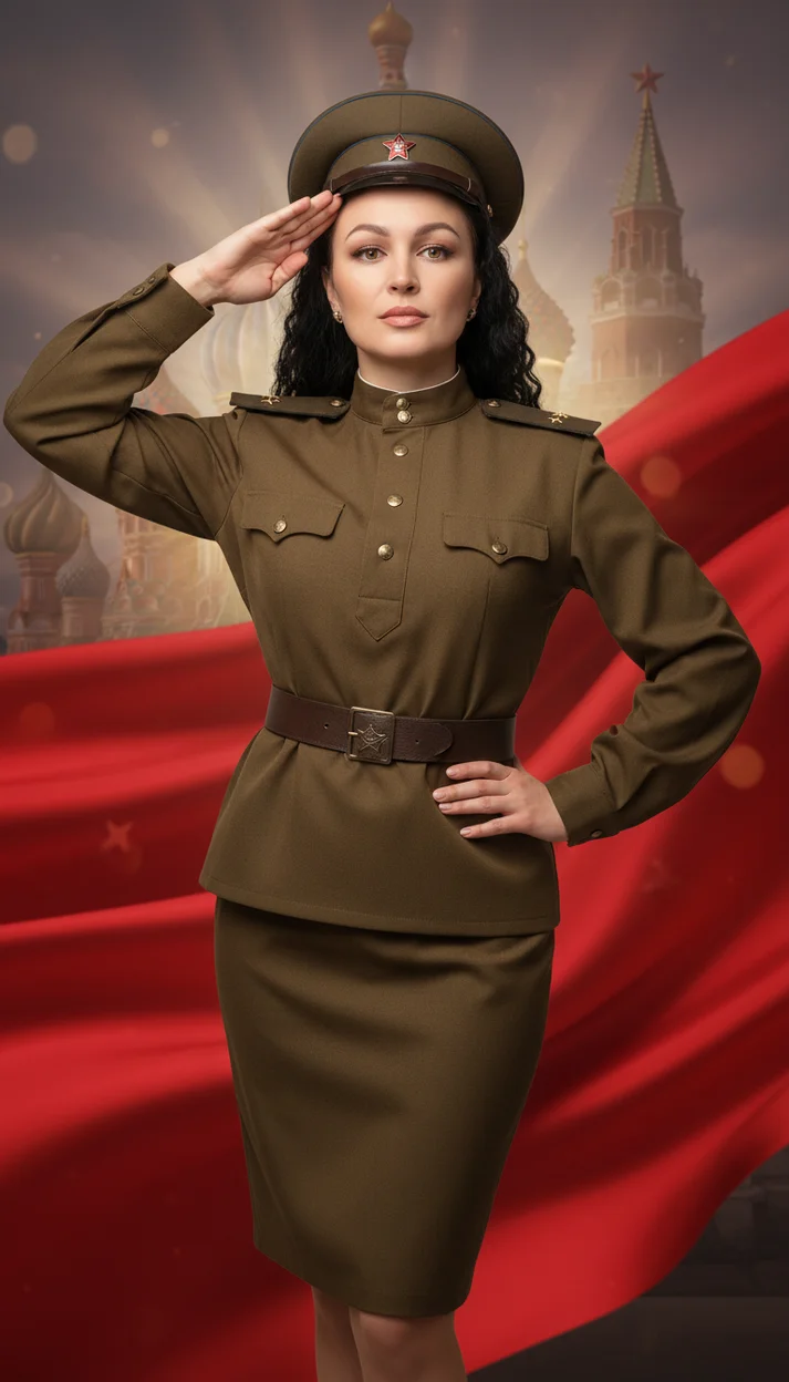  Женщина в военной форме у архитектуры с красным фоном