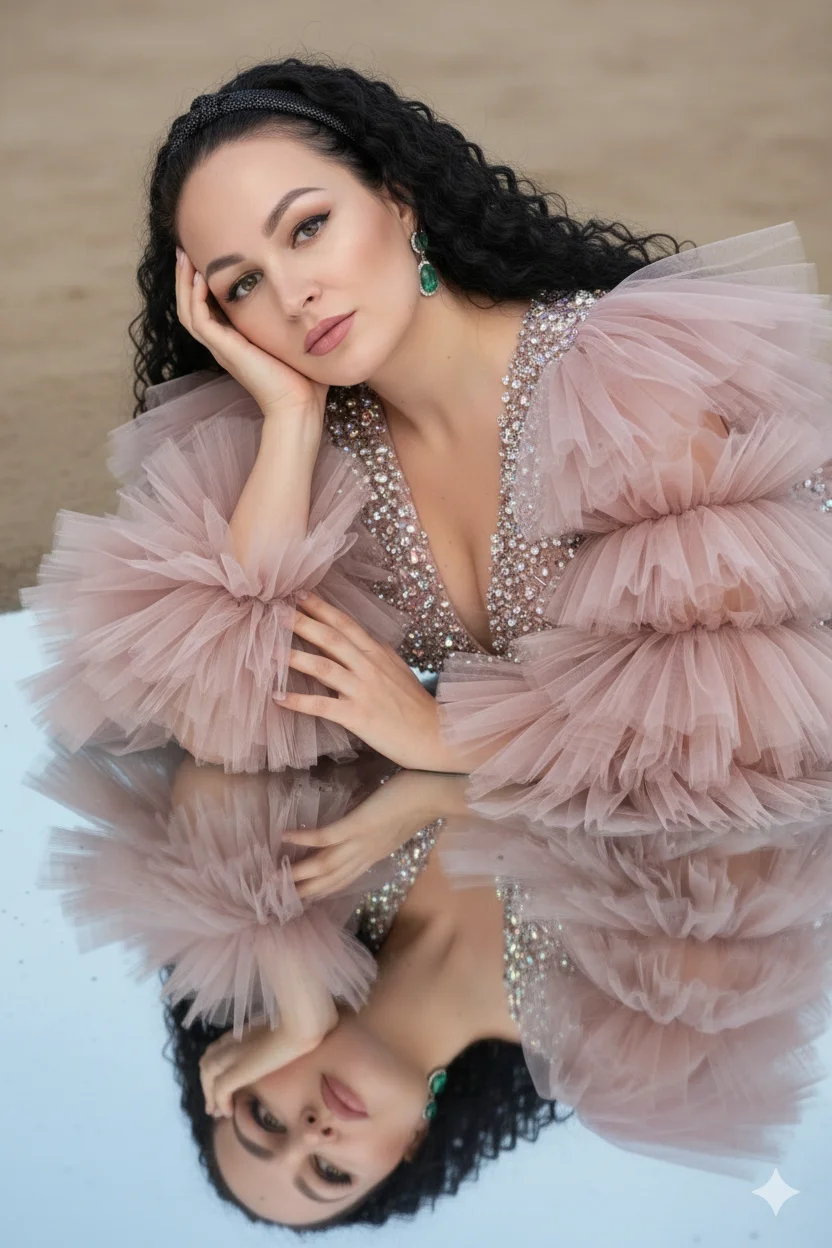 Женщина в пудровом кутюрном платье с отражением в воде