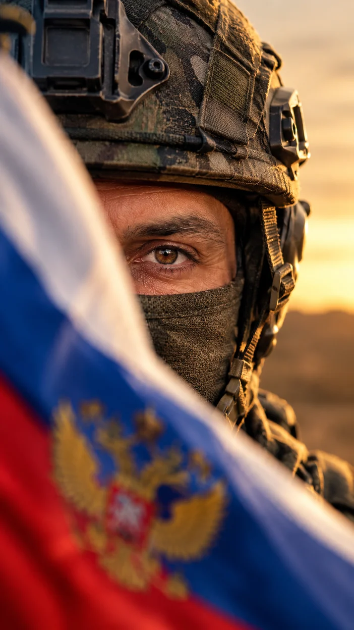 Фотосессия крупный портрет военнослужащего с российским флагом и акцентом на глазе