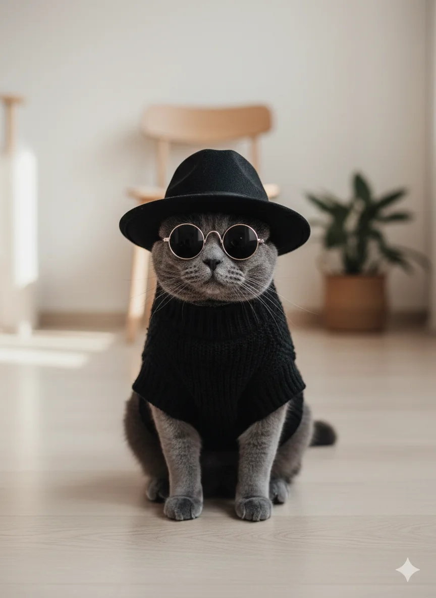 Кошка в шляпе и очках 