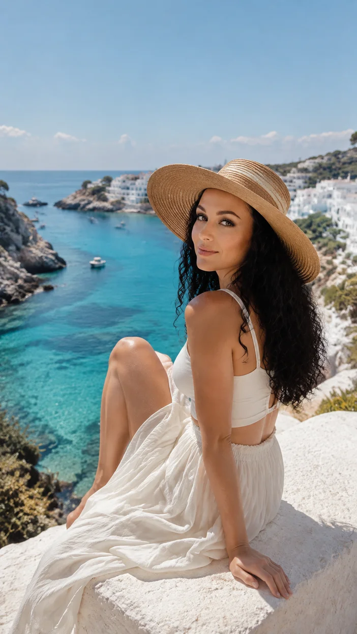 Фотосессия девушки в летнем образе у бирюзовой бухты