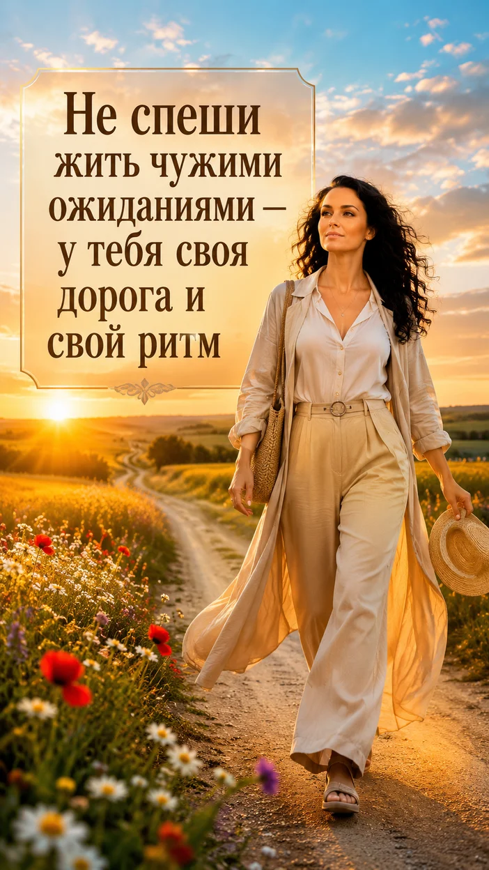 Фотооткрытка для всех с поздравлением "Не спеши жить чужими ожиданиями — у тебя своя дорога и свой ритм"