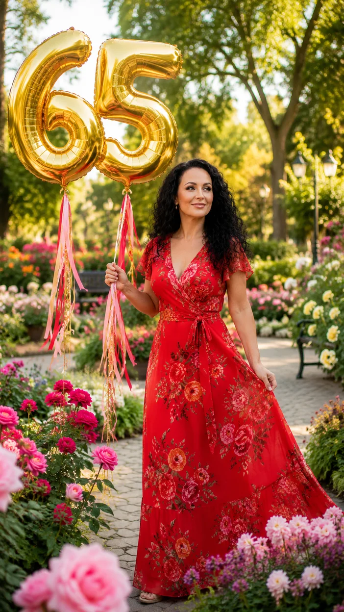 Фотосессия женщины 65 лет  в ярком платье в парке