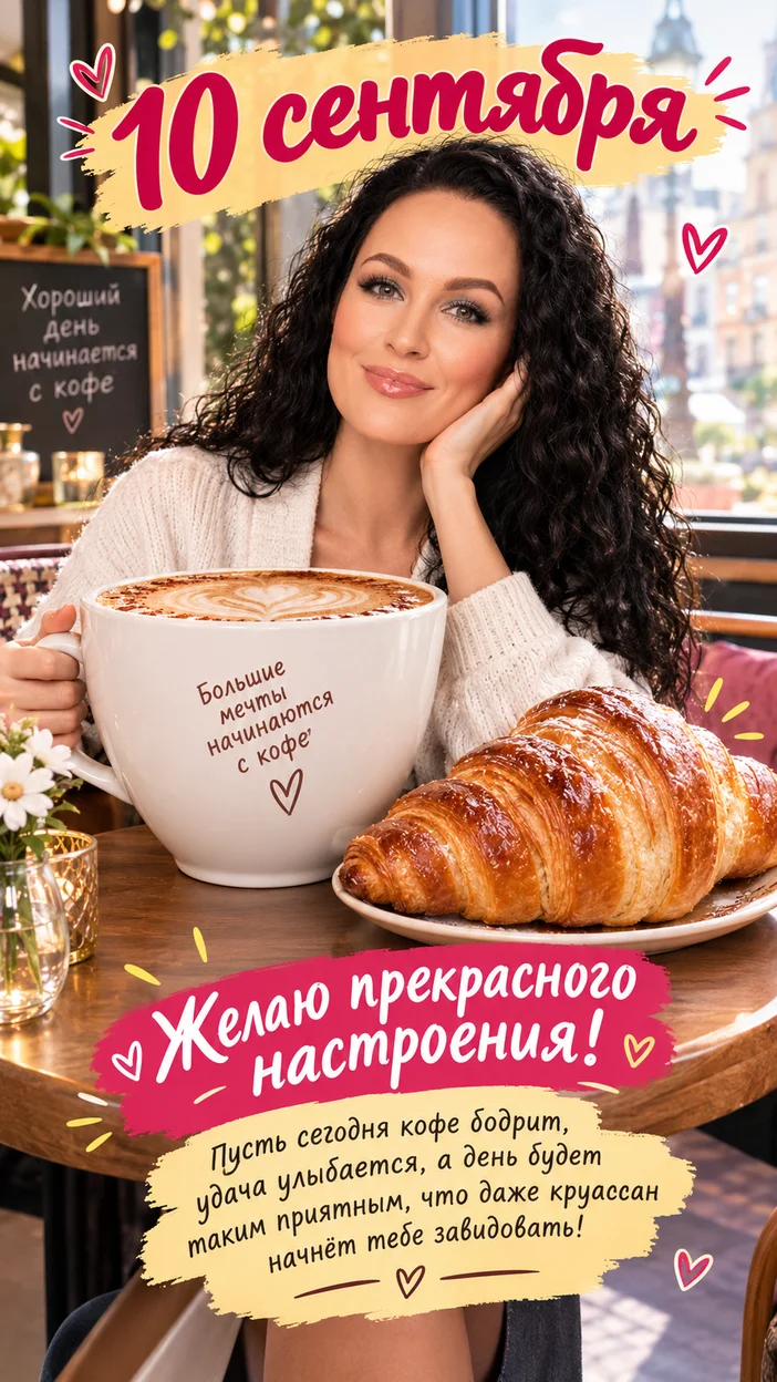 Фотосессия в городской кофейне 10 сентября с гигантским кофе и круассаном — утренний юмористический баннер