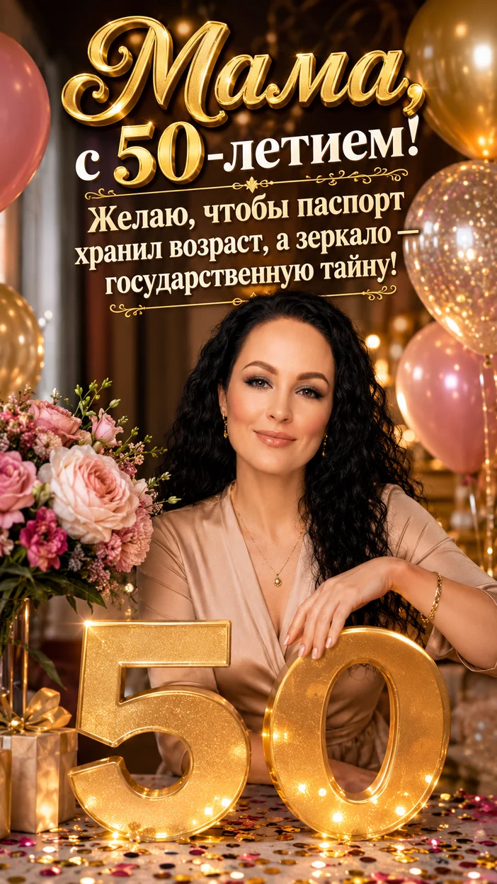 Фотооткрытка маме на 50 лет с поздравлением "Мама, с 50-летием!"