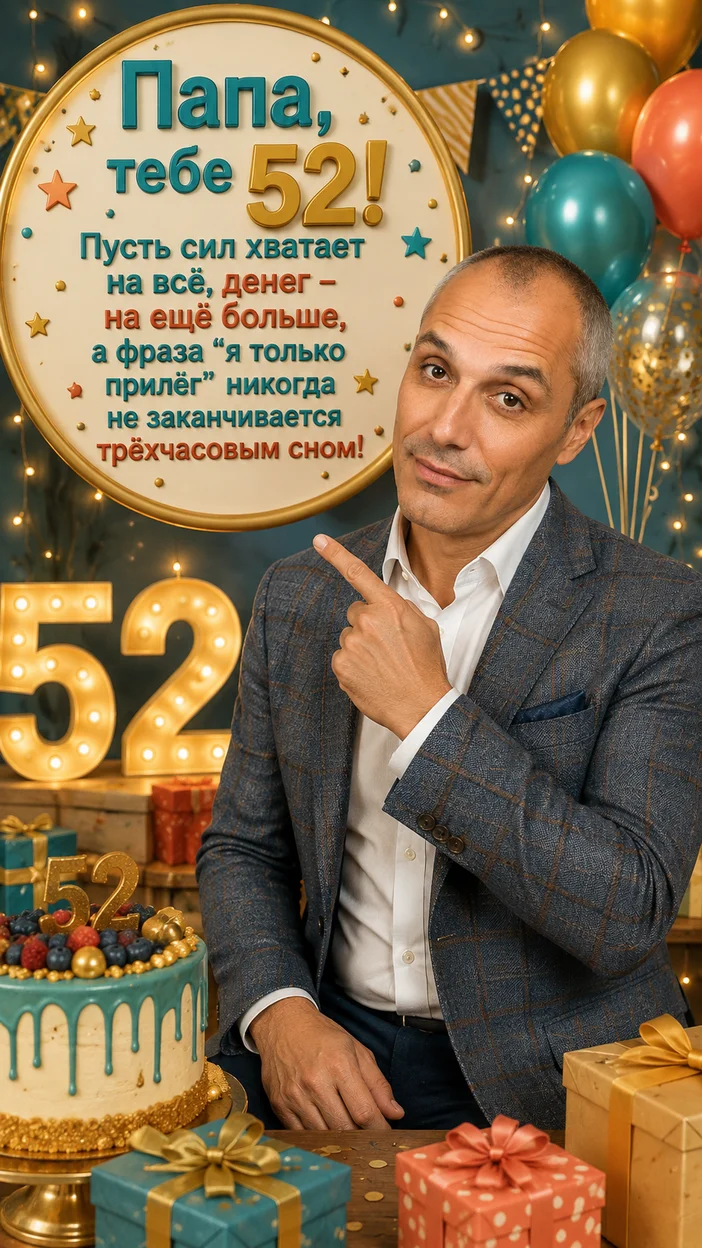Фотооткрытка папе на 52 года с пожеланием "Папа, тебе 52!"