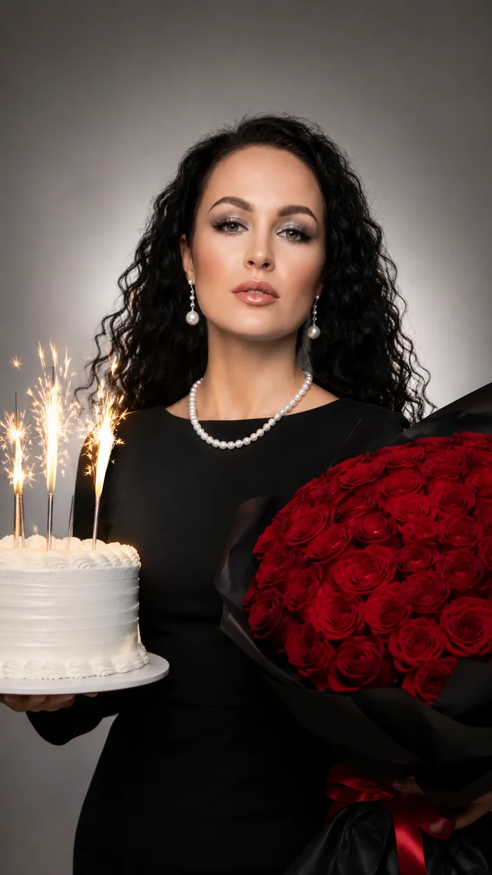Фотосессия строгая с тортом и розами
