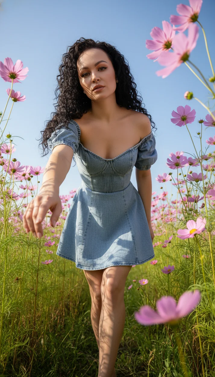 Девушка среди розовых космей в саду тянется рукой к камере