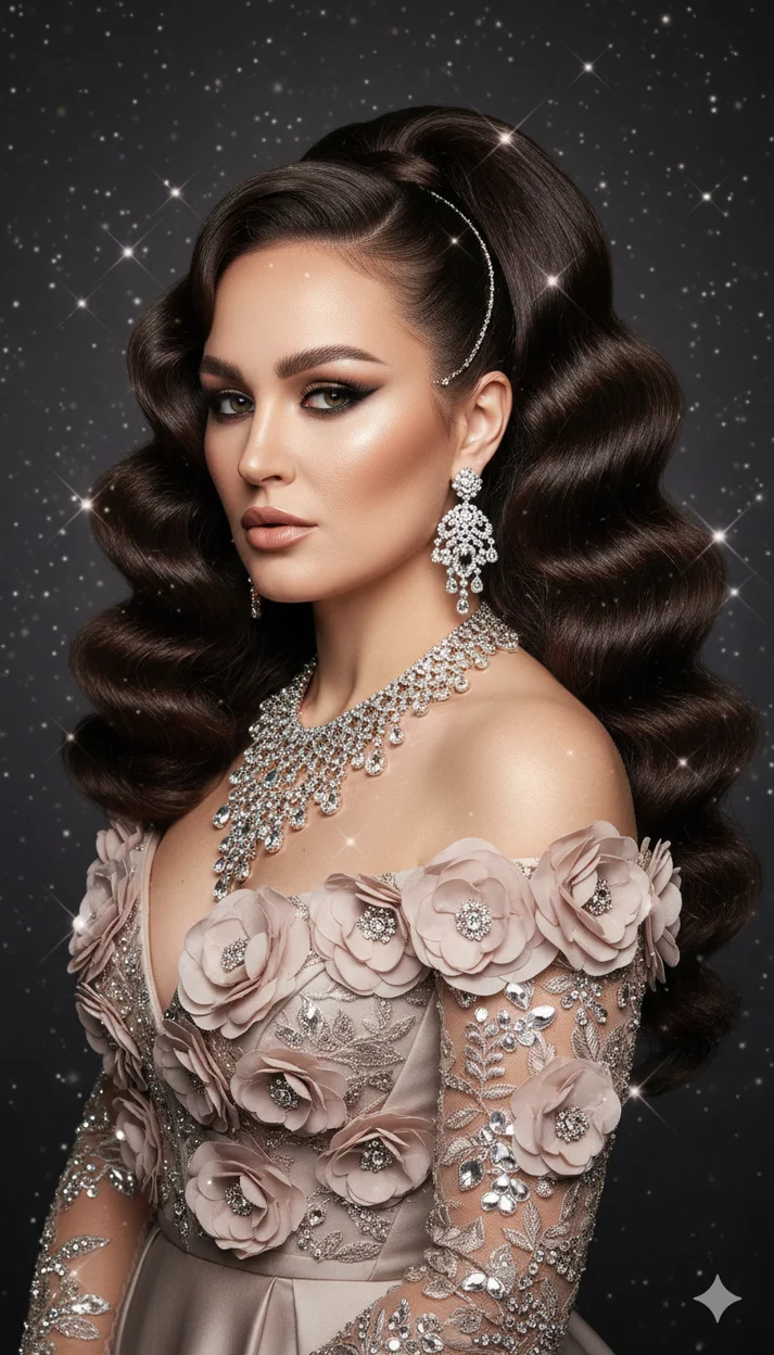 Причёска — высокий хвост, закреплённый на макушке