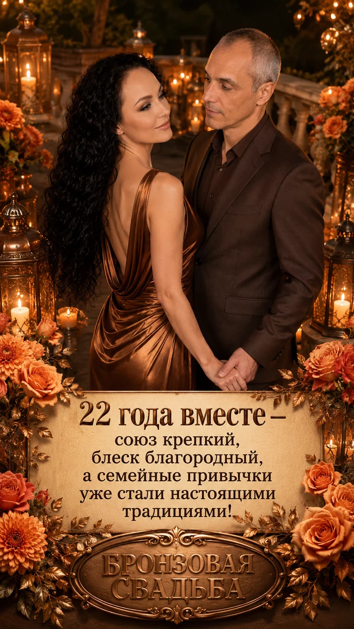 Фотооткрытка супругам с пожеланием "Бронзовый блеск — 22 года"
