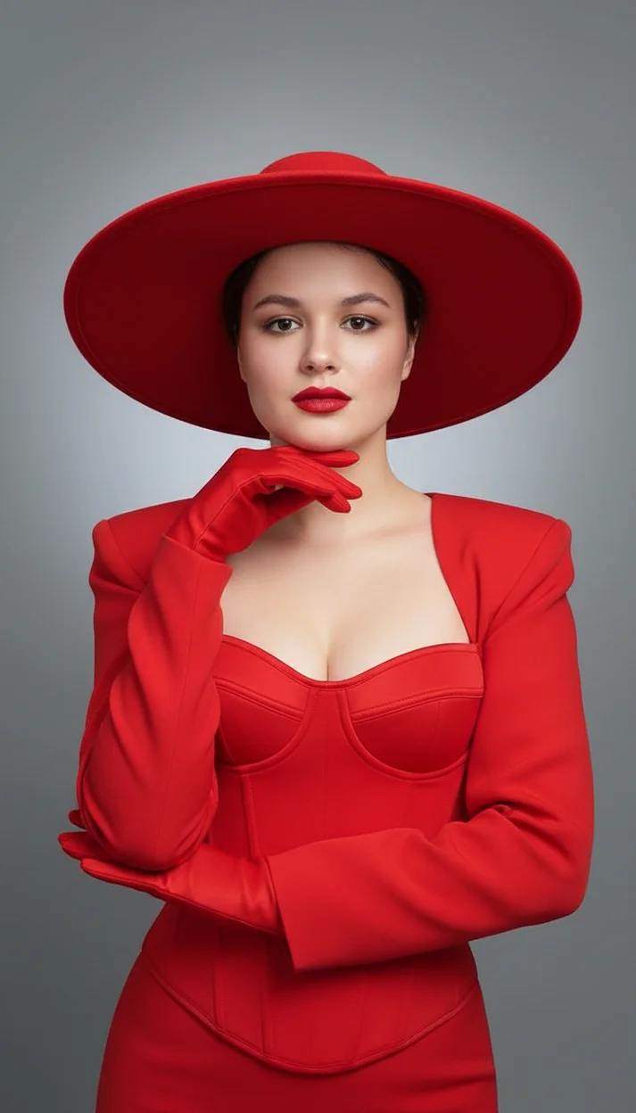 Девушка в студии на сером фоне в красном костюме и шляпе