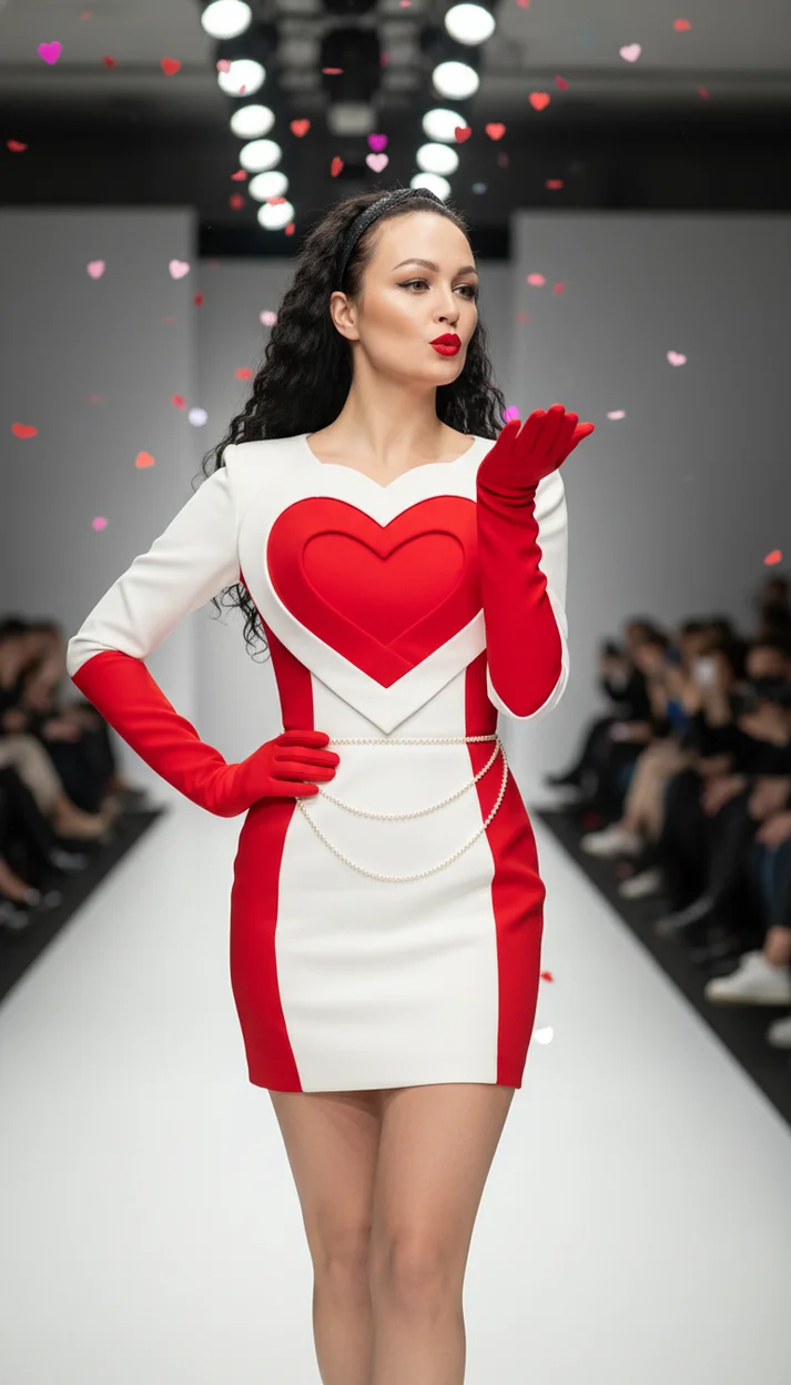  Девушка на подиуме в бело-красном платье 