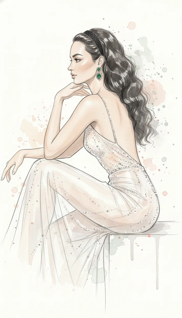 Иллюстрация по референсу в стиле художественного fashion-скетча с акварельными элементами.