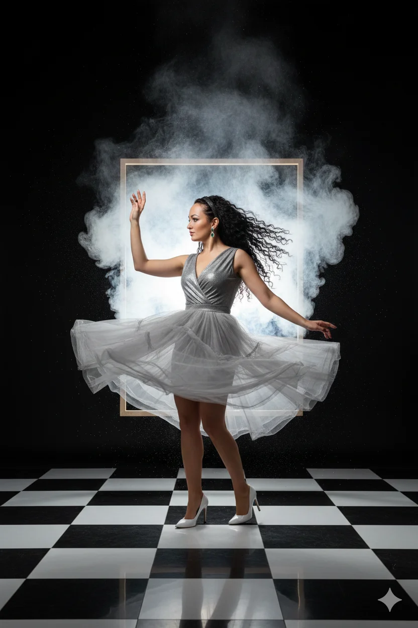 Женщина в серебристом платье стоит на шахматном полу среди дымовой рамки