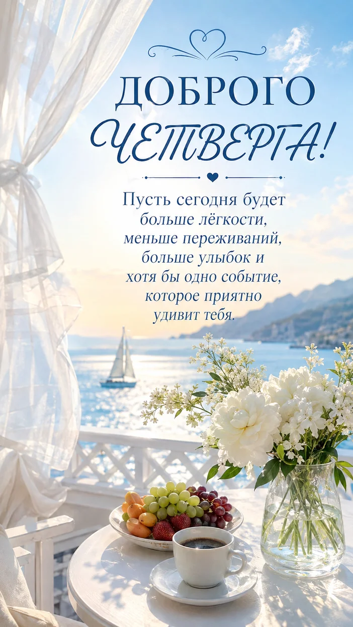 Фотооткрытка с морской террасой на четверг с текстом «ДОБРОГО ЧЕТВЕРГА!»