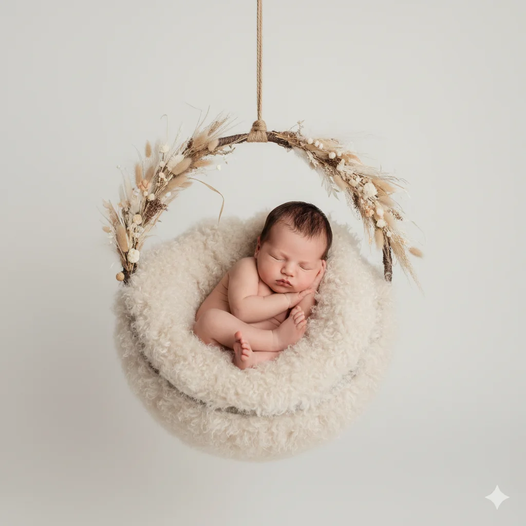 Малыш спит в пушистом подвесном гнезде