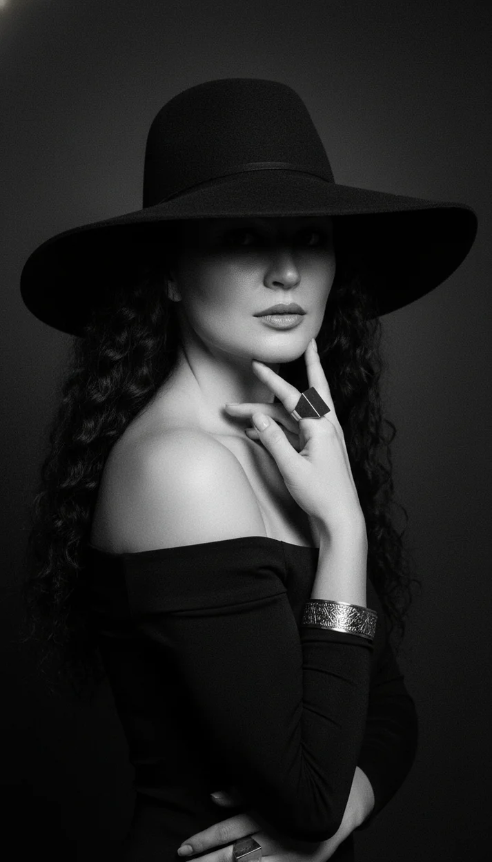  Чёрно-белый кинематографичный портрет женщины в шляпе