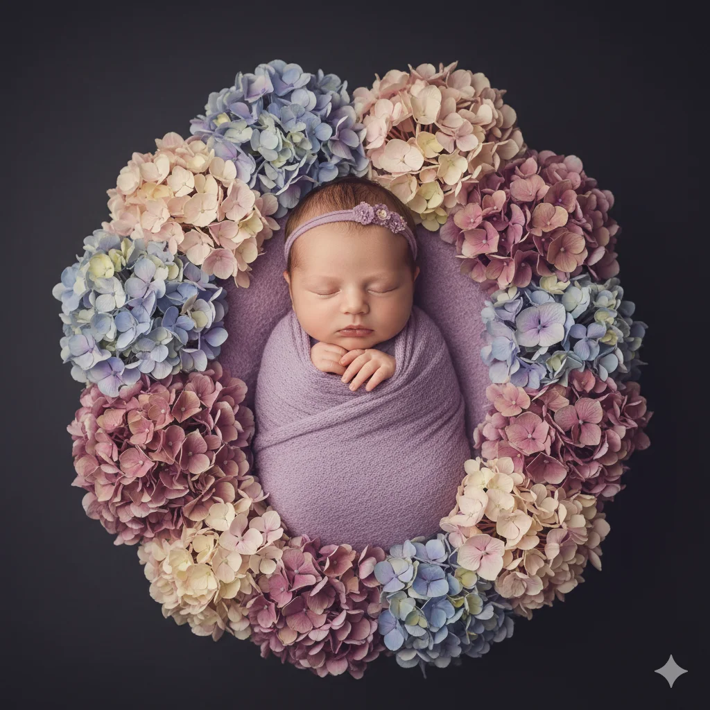 Малыш в сиреневой пелёнке лежит в окружении гортензий
