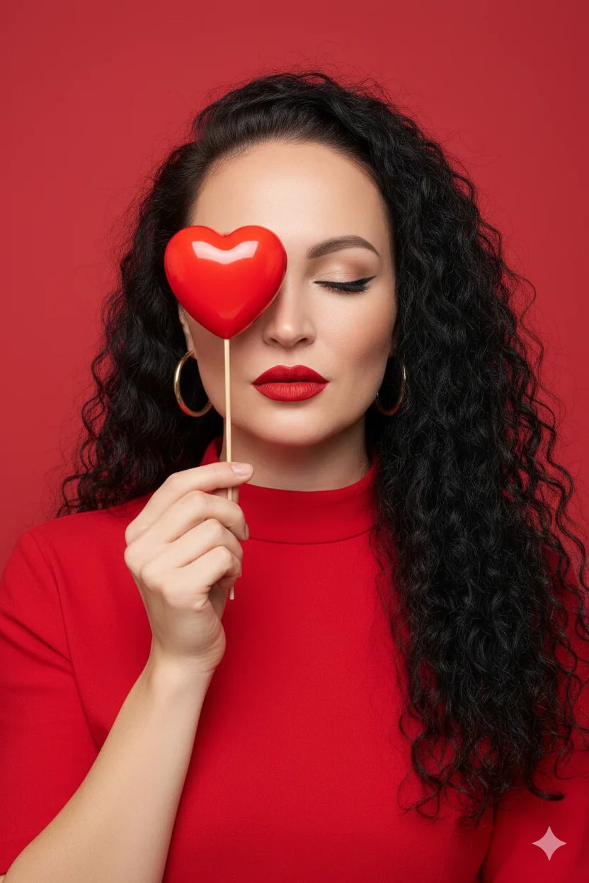 Женщина в красном держит сердце на палочке у глаза
