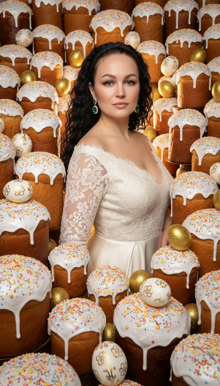 девушка находится в окружении огромного количества куличей 