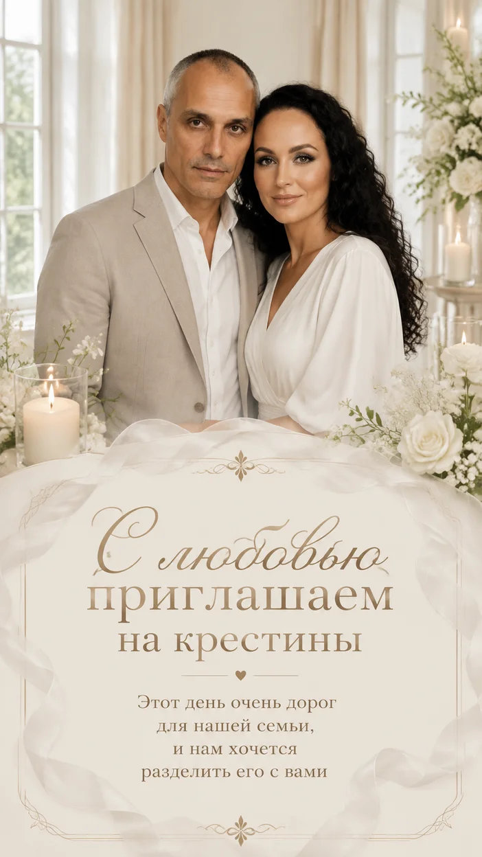 Фотооткрытка пригласительная с текстом «С любовью приглашаем на крестины»