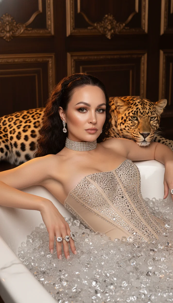 Девушка в мраморной ванне с кристаллами в украшенном интерьере