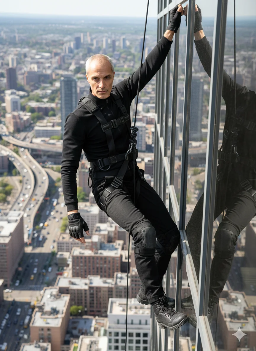 Мужчина в чёрной тактической экипировке висит на стеклянном фасаде небоскрёба