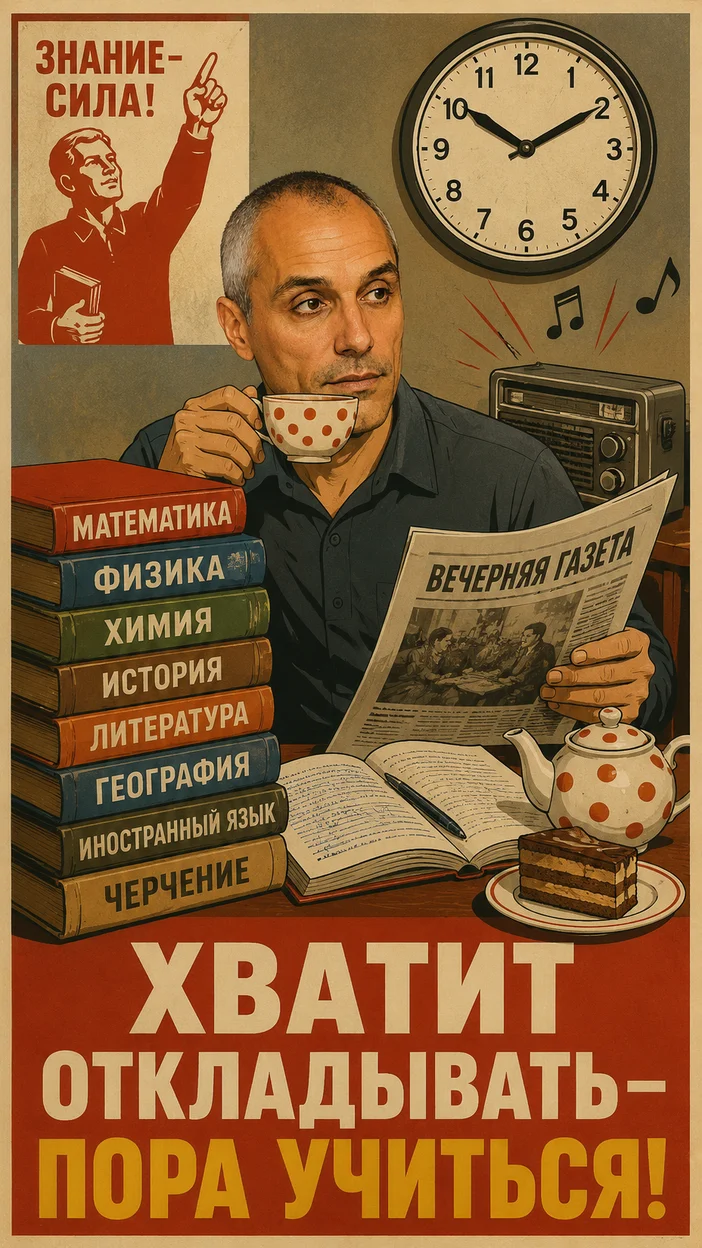 Фотооткрытка с надписью «ХВАТИТ ОТКЛАДЫВАТЬ — ПОРА УЧИТЬСЯ!»