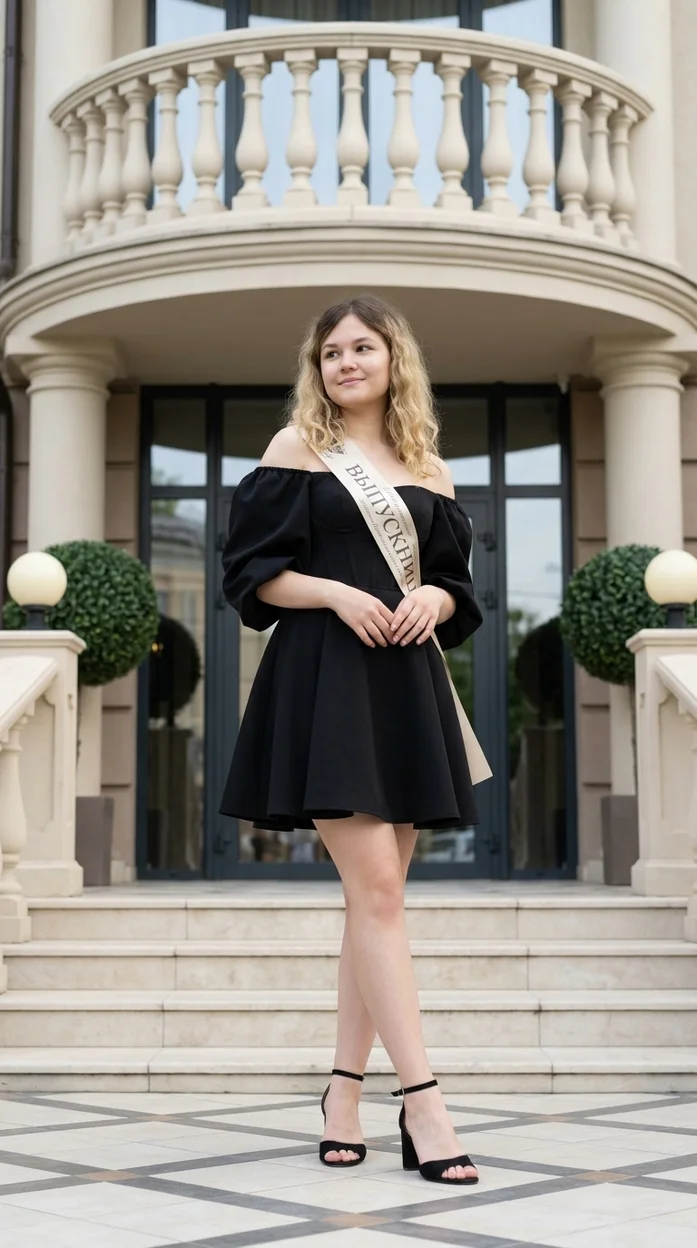 Девушка у лестницы с колоннами в чёрном платье с лентой