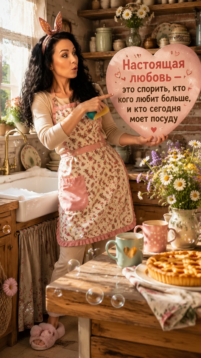 Фотооткрытка для парня/девушки с текстом "Настоящая любовь — это спорить, кто кого любит больше, и кто сегодня моет посуду"