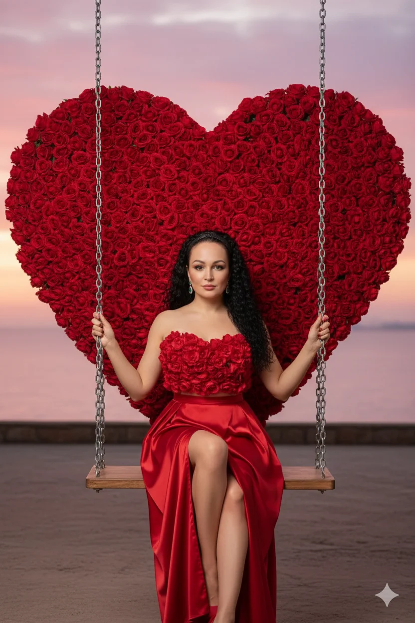 Женщина в красном платье на качелях в форме сердца из роз