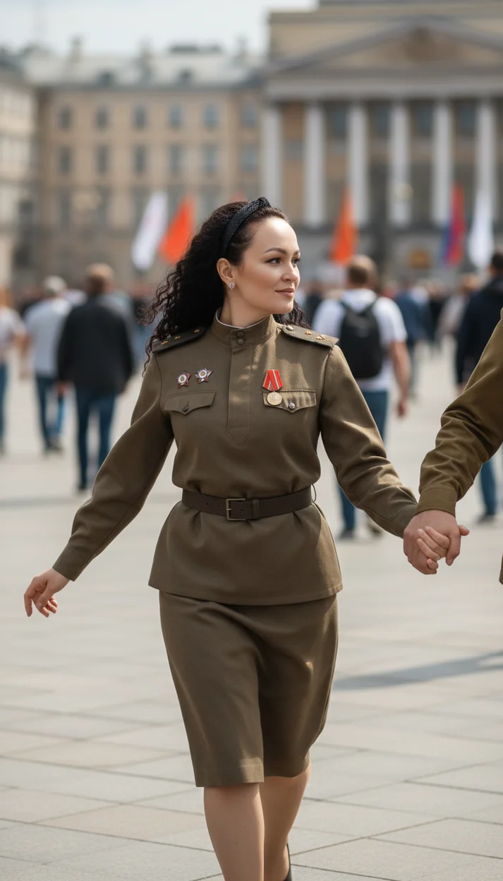 ИИ-фото — Женщина в военной форме на улице среди людей
