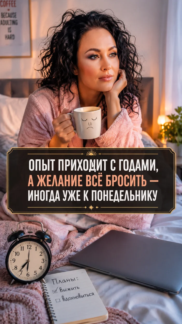 Фотооткрытка для уставших с текстом "Опыт приходит с годами, а желание всё бросить — иногда уже к понедельнику"