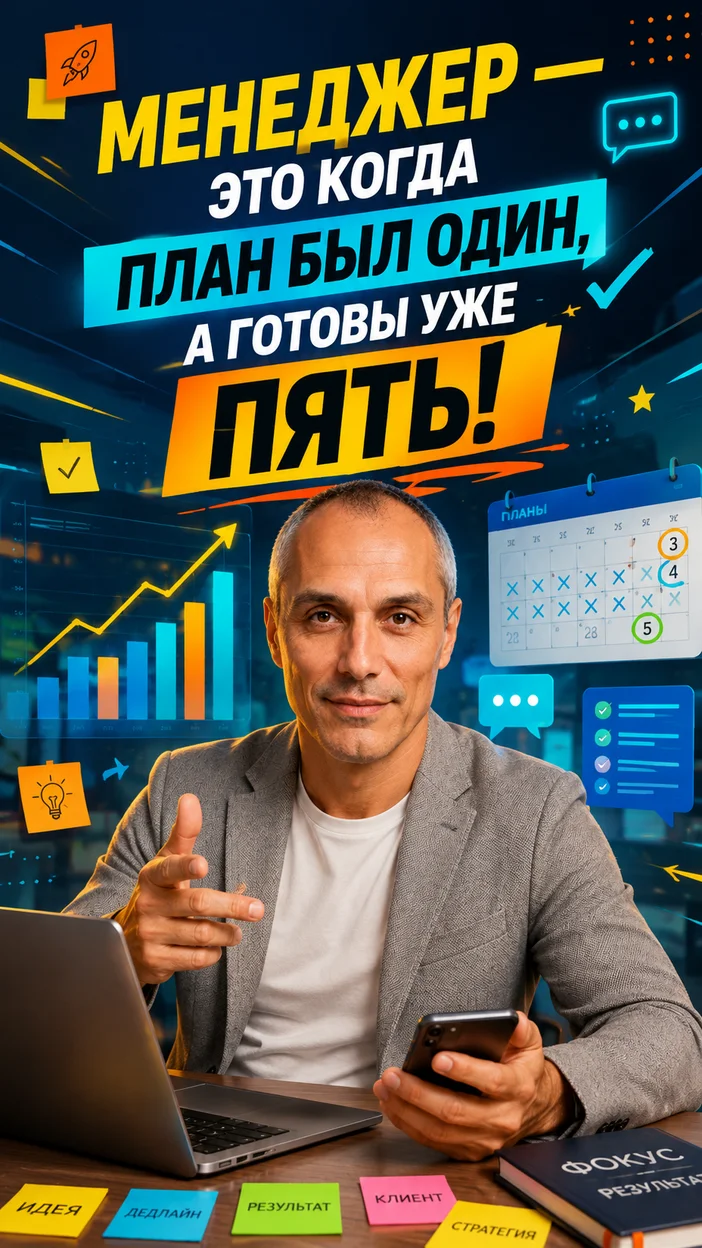Фотооткрытка для коллеги с текстом "МЕНЕДЖЕР — ЭТО КОГДА ПЛАН БЫЛ ОДИН, А ГОТОВЫ УЖЕ ПЯТЬ!"