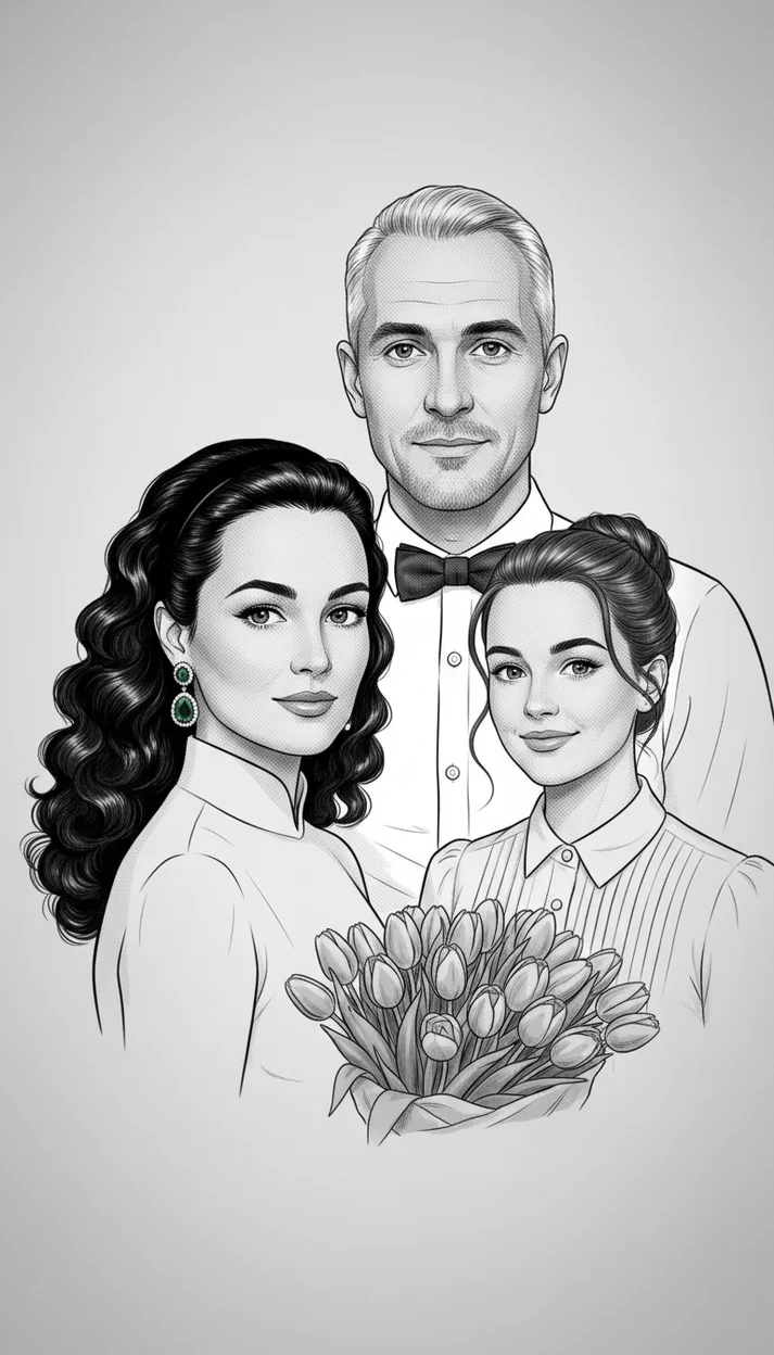  Черно-белый винтажный семейный портрет в графическом стиле