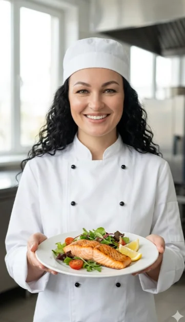 Шеф-повар в белом кителе и шапочке держит тарелку с блюдом 