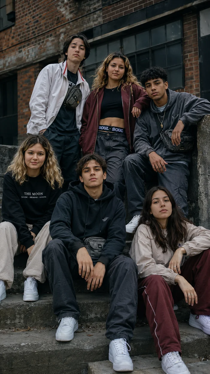 Фотосессия шестерых человек в streetwear у кирпичного здания