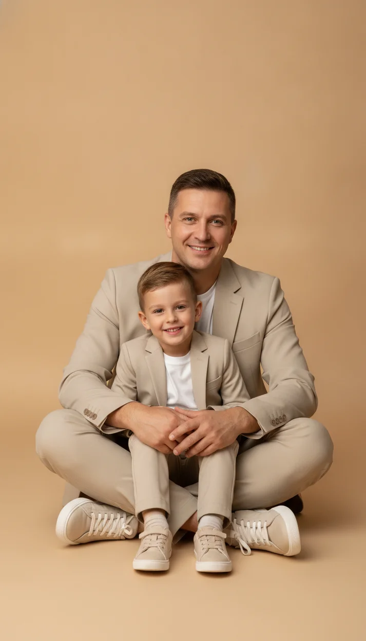 Стильная фотосессия папы с сыном в бежевых костюмах