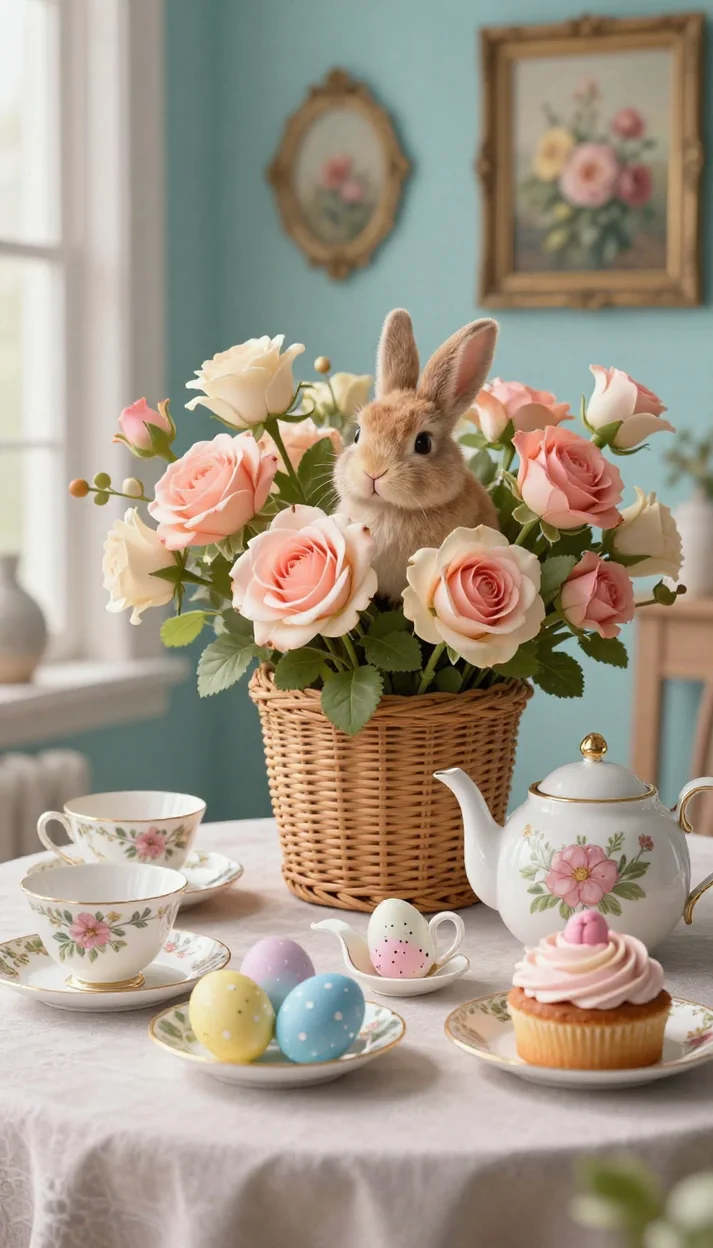 Пасхальный чайный натюрморт с кроликом и весенними цветами