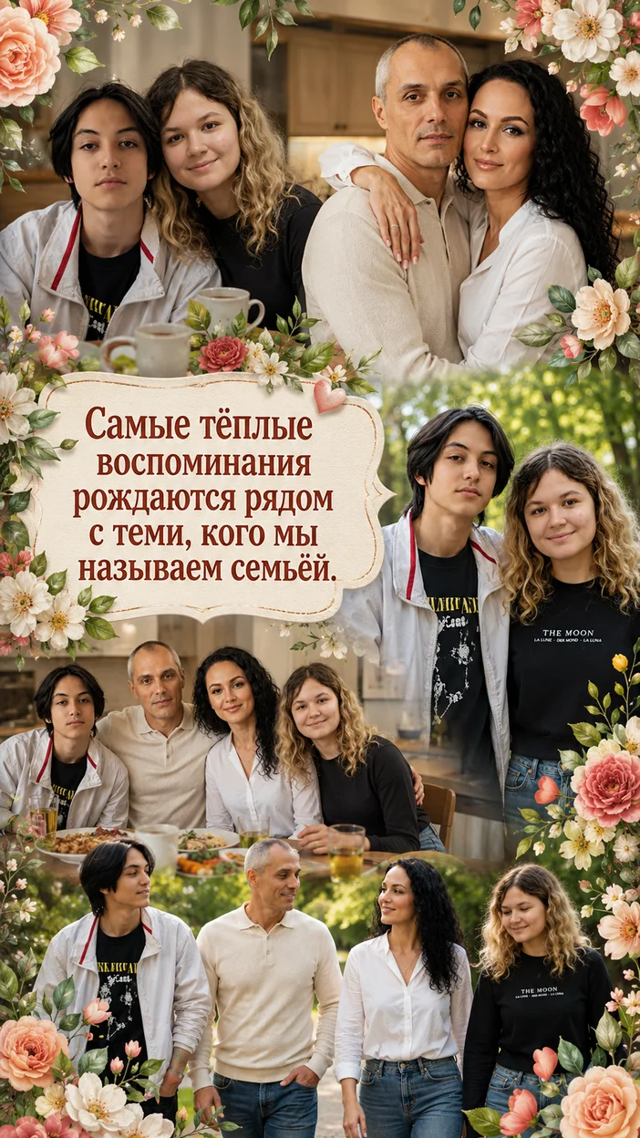 Фотооткрытка для семьи с поздравлением "Самые тёплые воспоминания рождаются рядом с теми, кого мы называем семьёй."