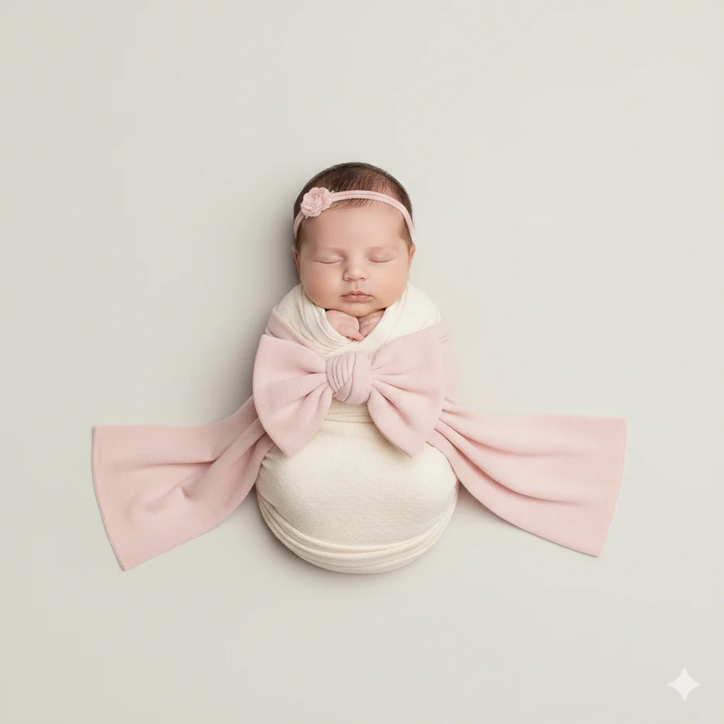 Малыш в пеленке с большим розовым бантом спит на светлом фоне