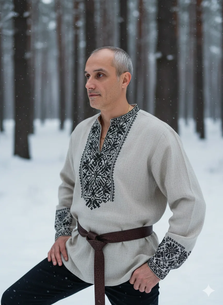 Мужчина в льняной вышитой рубахе в зимнем лесу