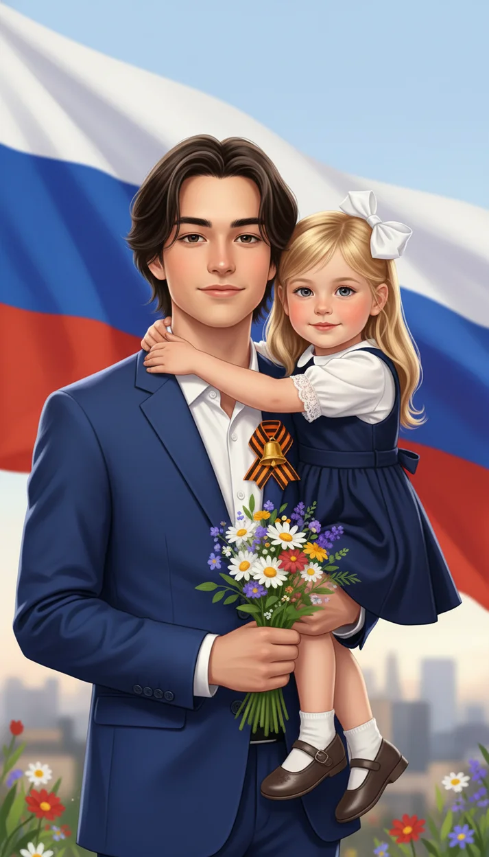  Брат и сестра с цветами на фоне флага