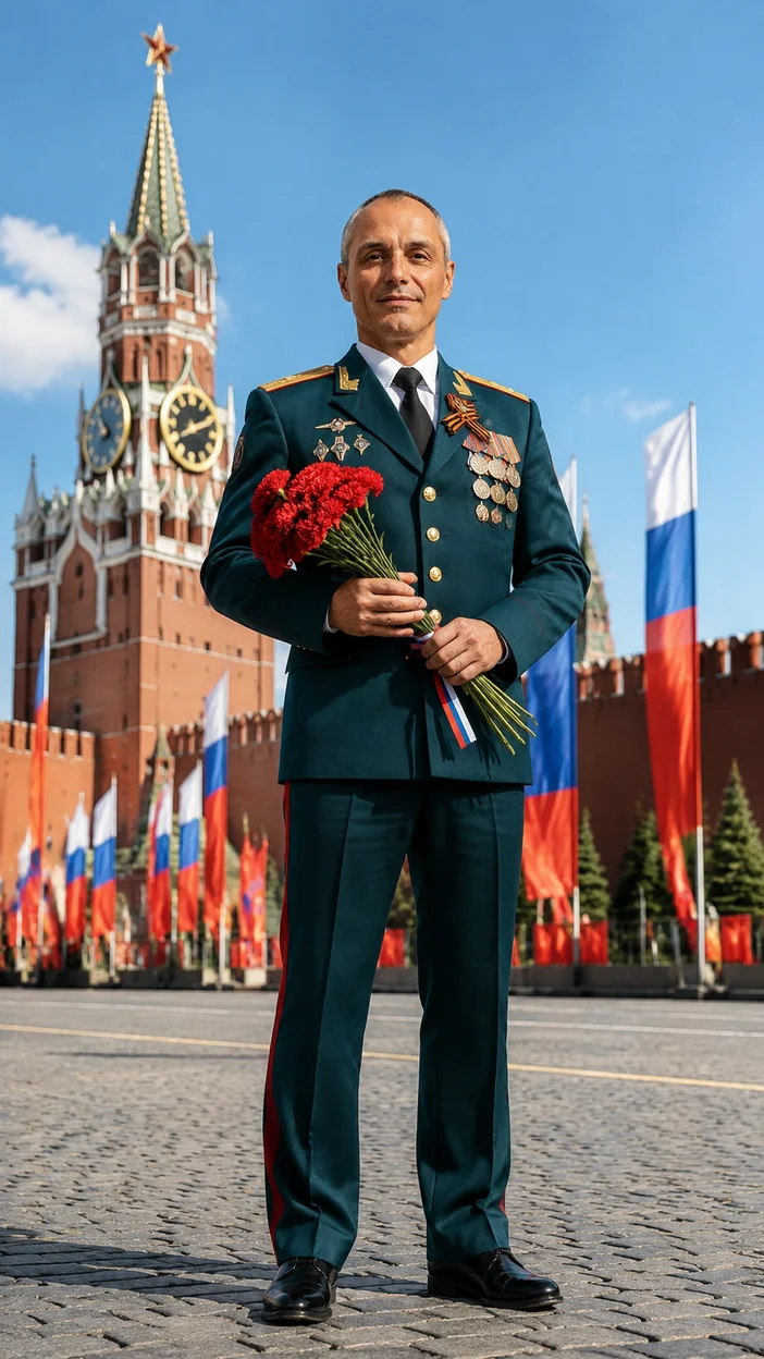 Фотосессия офицера с лентой и красными гвоздиками у Кремля