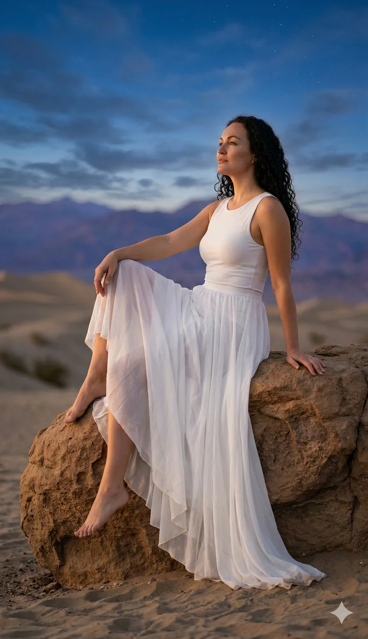 Девушка на скале в пустыне в светлом летящем платье