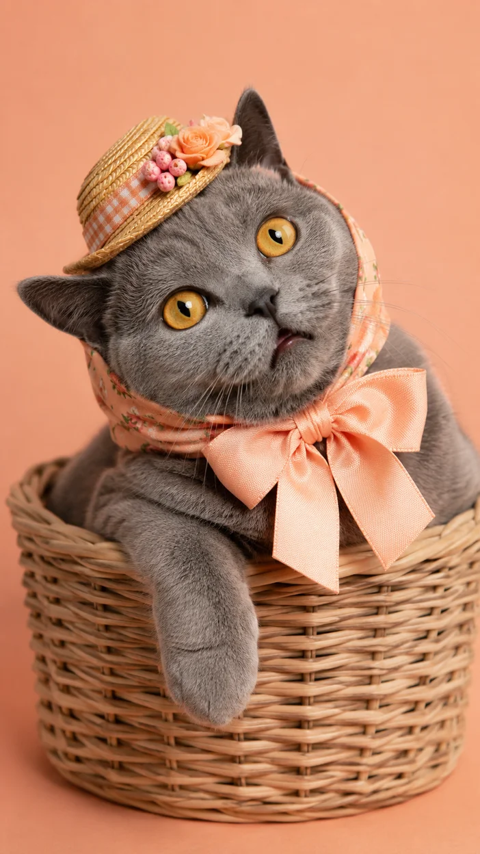 Фотосессия кошки в игривой персиковой корзинке
