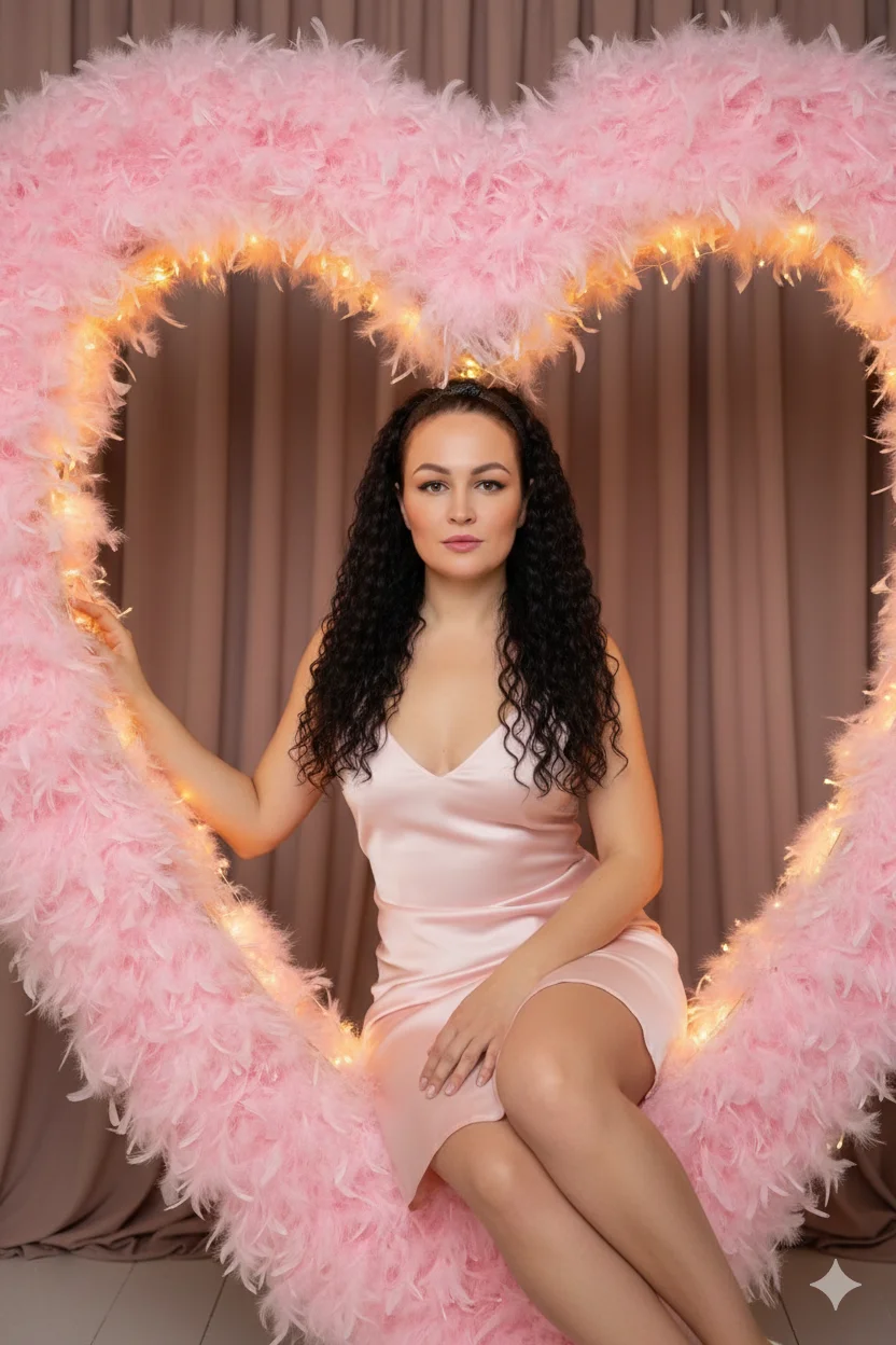Женщина в светлом платье сидит в розовом перьевом сердце